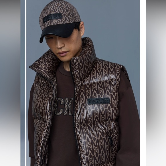 $750 MACKAGE KANE recycled down vest with funnel collar and monogram print M L - Picture 2 of 15